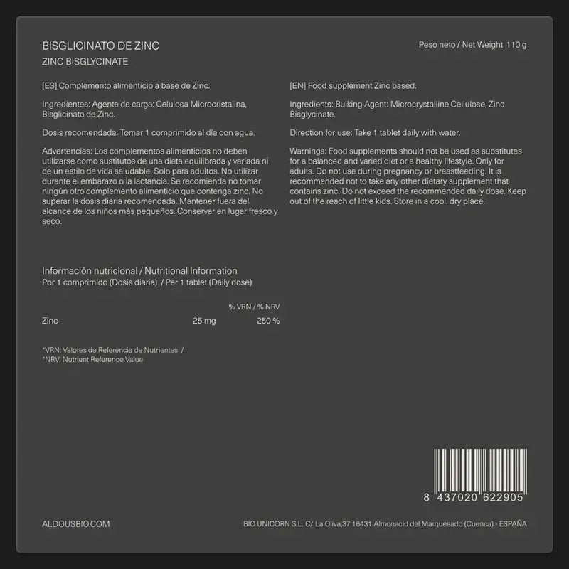 Aldous Bio Zink Bisglycinat 25 Mg, 500 Tabletten