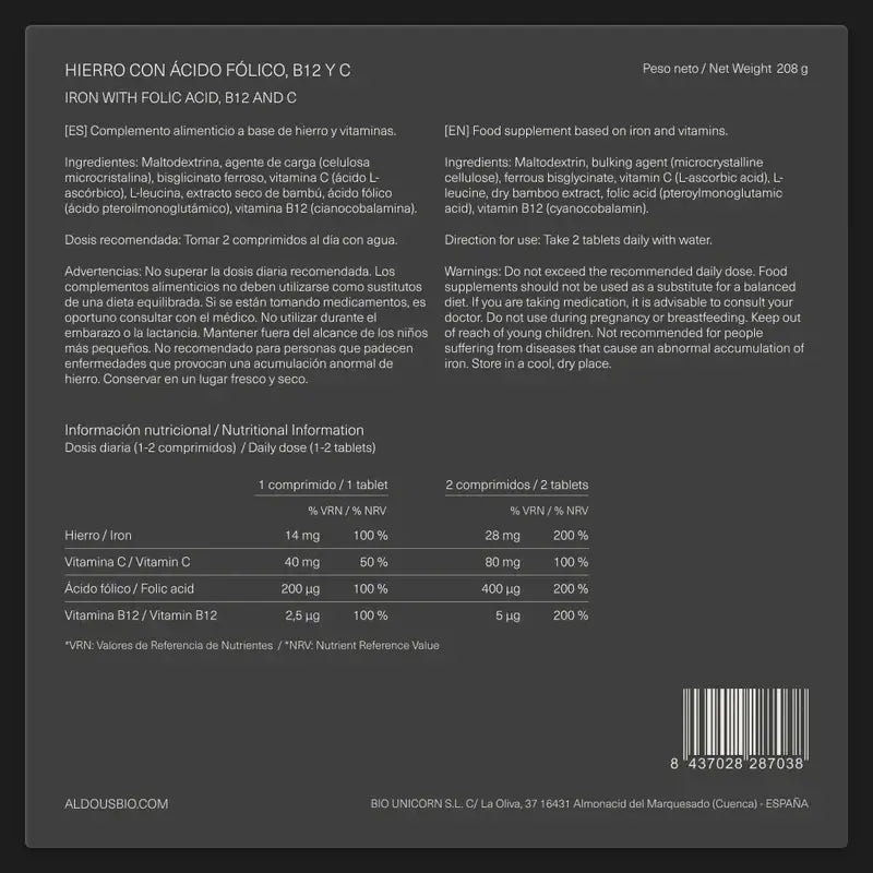 Aldous Bio Eisen Vitamin C, B12 & Folsäure , 200 Kapseln