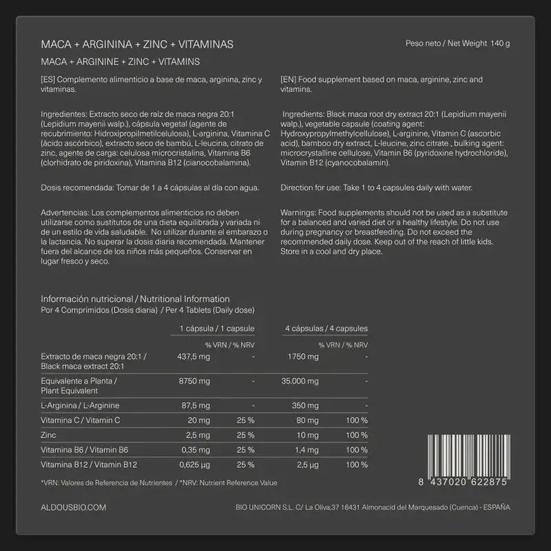 Aldous Bio Peruvian Black Maca Complex Arginin, Zink, Vitamin C, B12 & B6 , 200 Kapseln