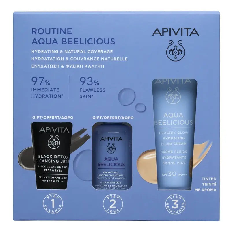 Apivita Aqua Beelicious Brightening Hydrating Fluid Cream Spf30 Farbe + Black Detox 15Ml + Perfecting Tonic 50Ml