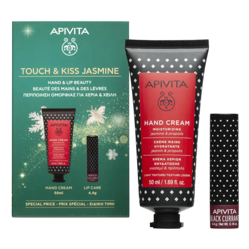 Apivita Geschenkset: Jasmin-Handcreme + Lippenpflege mit schwarzer Johannisbeere, 50 + 4,4 ml