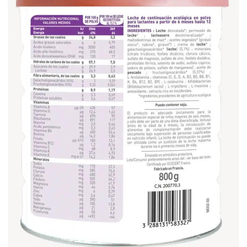 Babybio Optima 2 Kuhmilch 6-12 Monate, Packung 2 x 800 Gramm