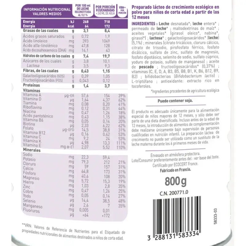 Babybio Optima 3 Kuhmilch 12-36 Monate, Packung 12 x 800 Gramm