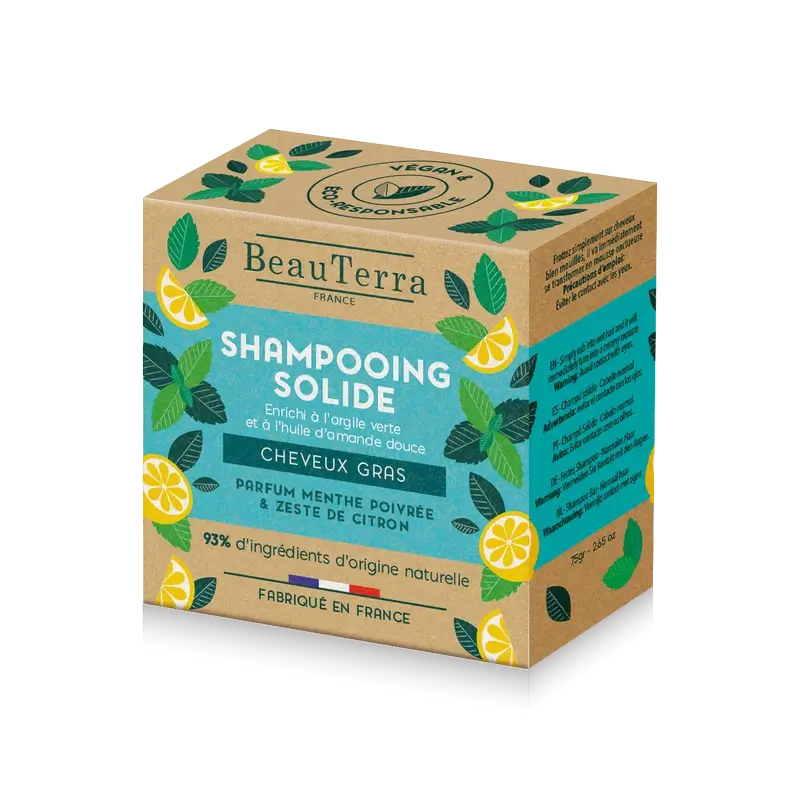 Beauterra Solid Peppermint & Lemon Peel Solid Shampoo (fettiges Haar) , 75 gr