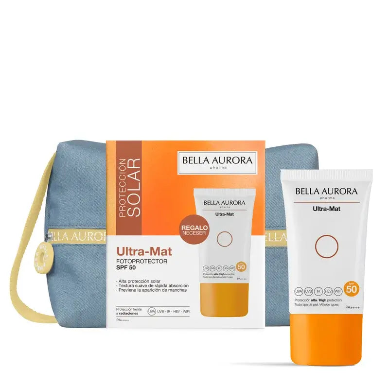 Bella Aurora Ultra-Mat Sonnenschutz Ultra-Mat Spf50 + Jean Kosmetiktasche Geschenkset, 50 ml