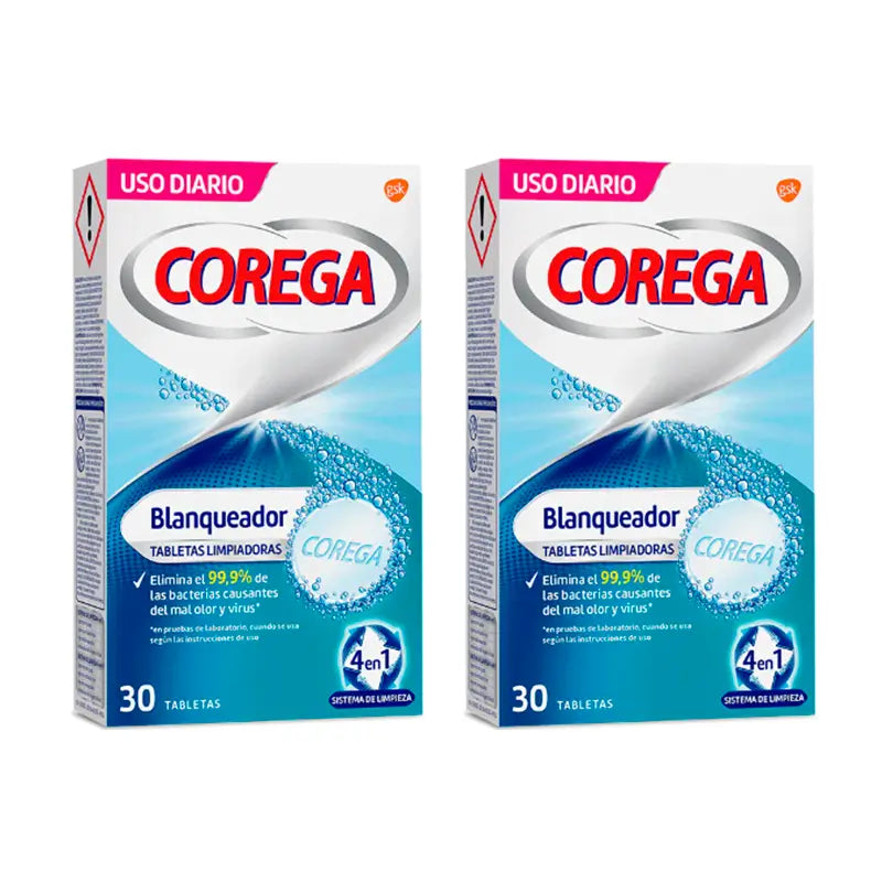 Corega Duplo Whitening Aufhellende Reinigungstabletten, 2 x 30 Stück.