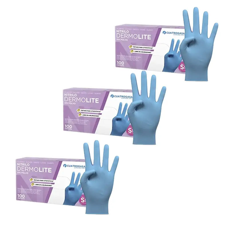 Cuatrogasa Dermolite Puderfreie Nitril-Handschuhe Blau Größe S, 3X100 Stück