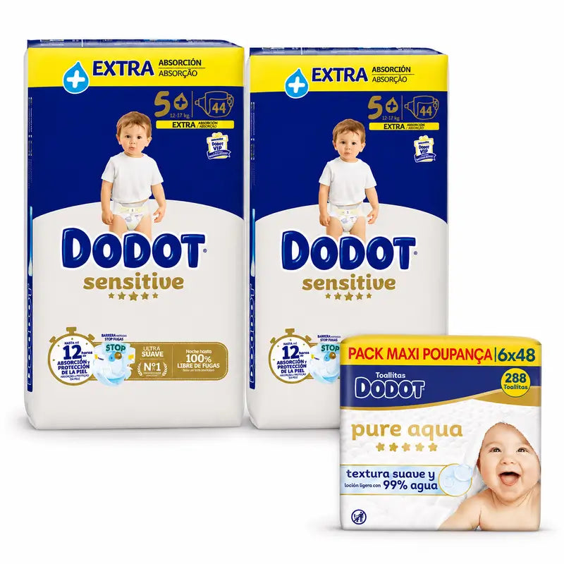 Dodot Sensitive Extra Jumbo Größe 5, 88 Windeln + Dodot Pure Aqua 288 Feuchttücher