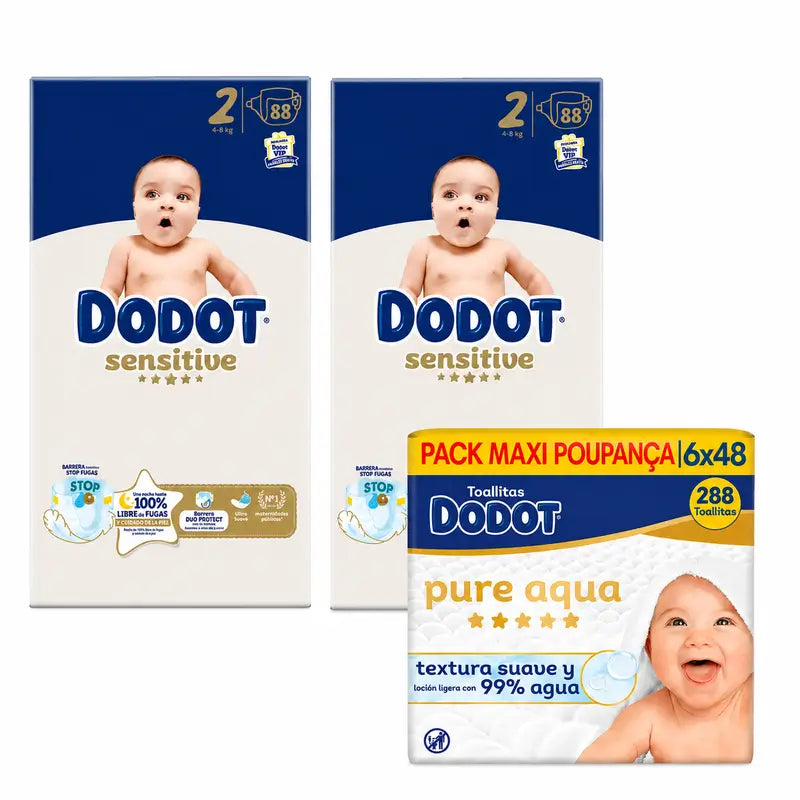 Dodot Sensitive Größe 2, 4kg-8kg, 176 Windeln + Dodot Pure Aqua 288 Feuchttücher