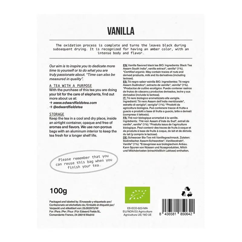 Edward Fields Tee Bio Bulk Schwarzer Tee mit Vanille 50 Tassen, 100 Gramm