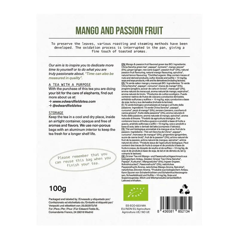 Edward Fields Tee Bio-Grüntee mit Mango und Passionsfrucht 50 Tassen, 100 Gramm