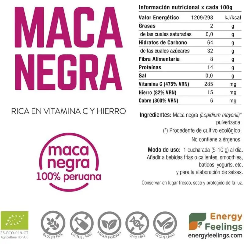 Energy Feelings Schwarzes Maca-Pulver 200Gr. Eco Vegan Sg