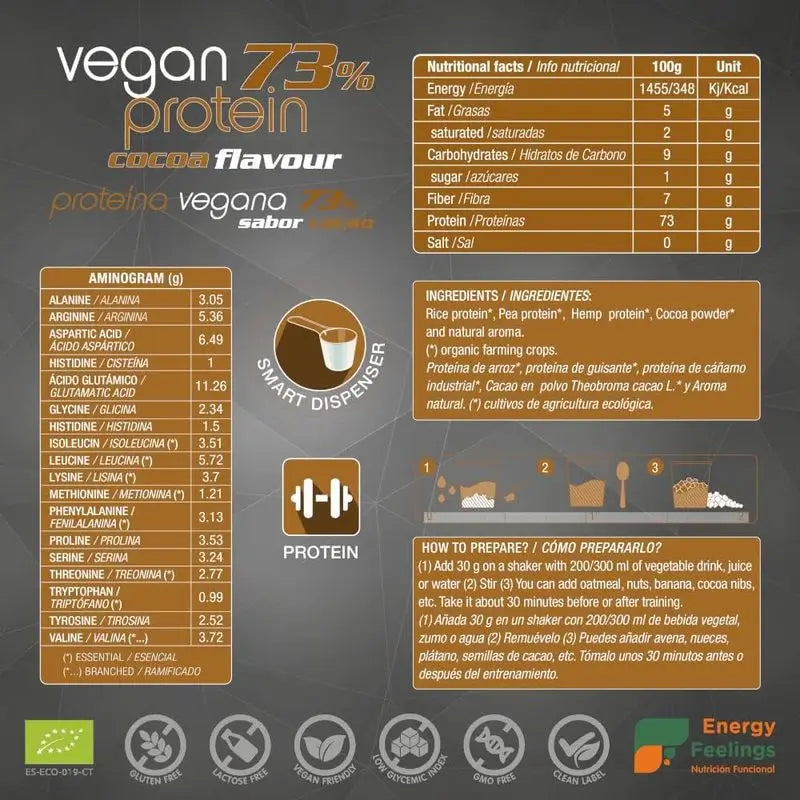 Energy Feelings Veganes Eiweiß 70% Kakao 1,5Kg. Öko-Vegan**