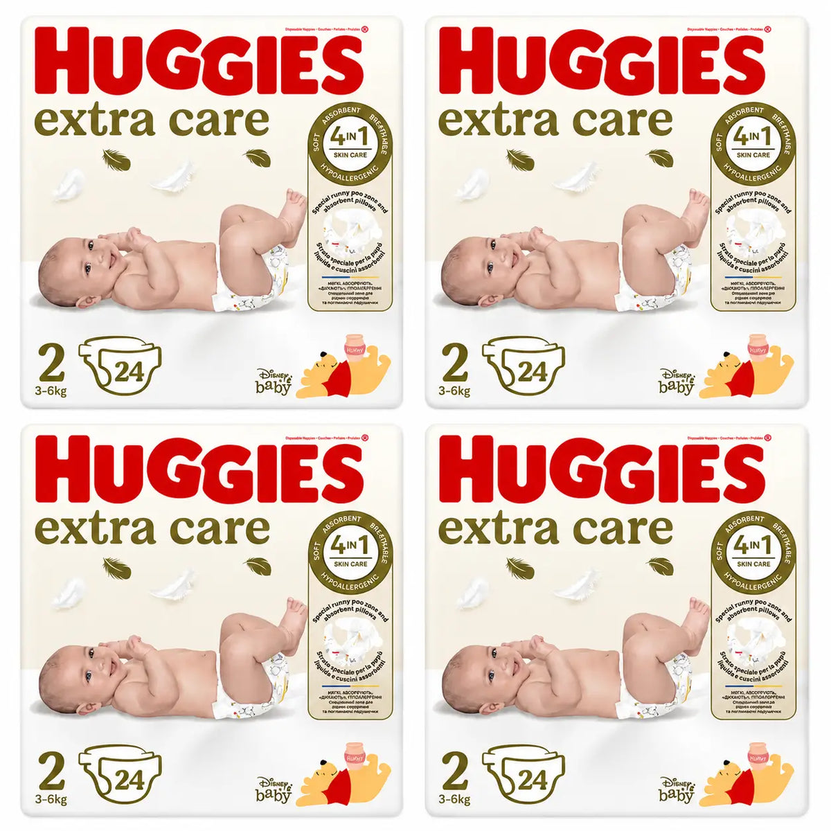 Huggies Extra Care Größe 2 (3-6 kg) Disney Baby Windel, 24 Stück, Packung 4