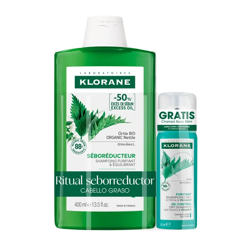 Klorane Pack Bio Brennnessel Talgregulierendes Shampoo 400 ml + Brennnessel & Vitamin E Reinigendes Trockenshampoo 50 ml