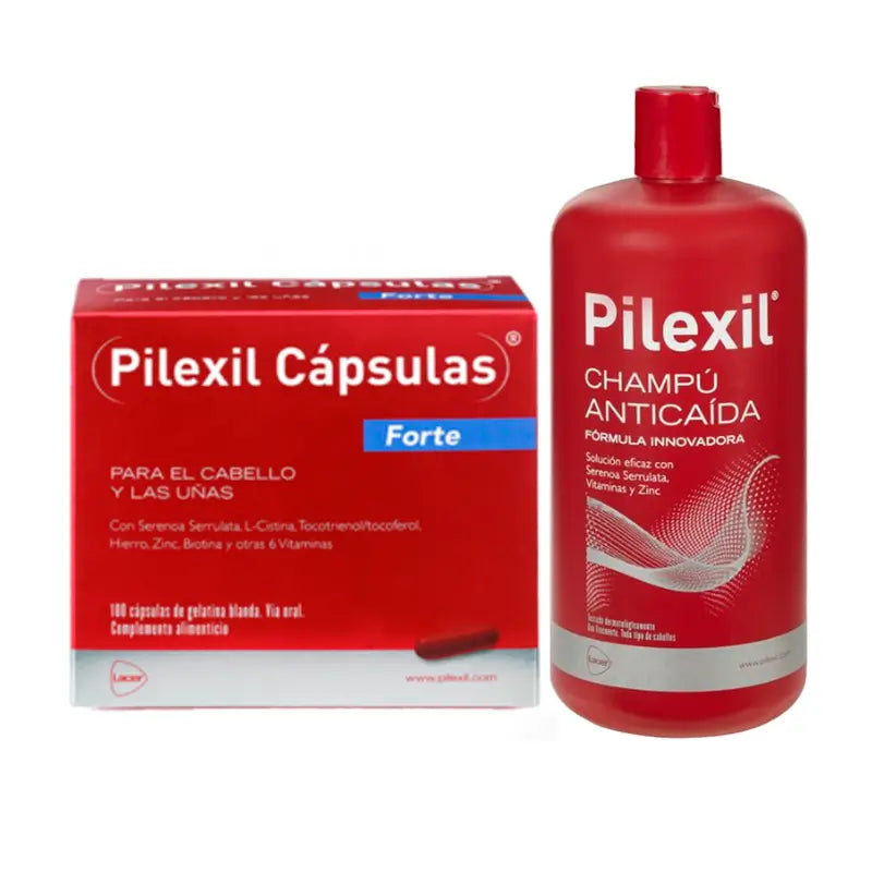 Pilexil Pack Anticaida forte (100 Kapseln forte + 900 ml Anti-Haarausfall-Shampoo)