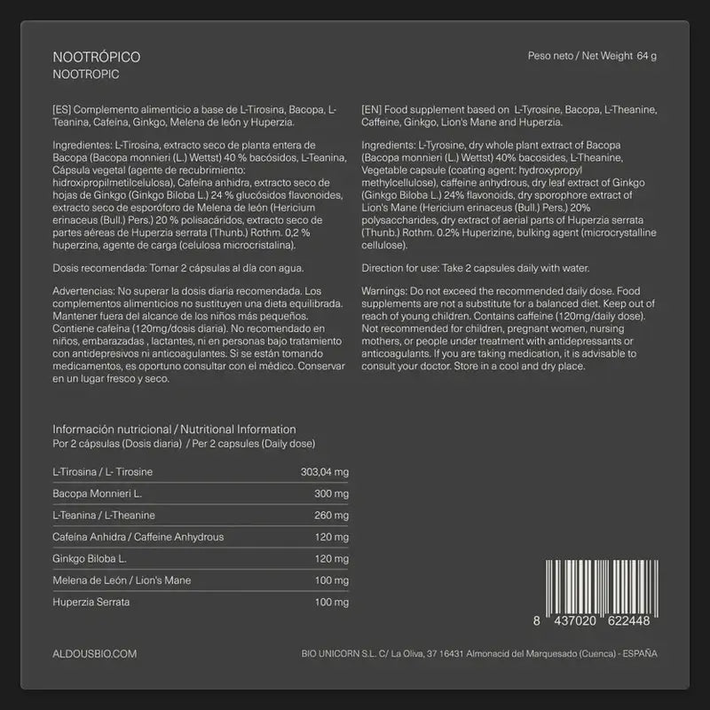 Aldous Labs Nootropic mit Ginkgo Biloba, Löwenmähne, Koffein, Bacopa, Tyrosin, Theanin, Theanin und Huperzine A