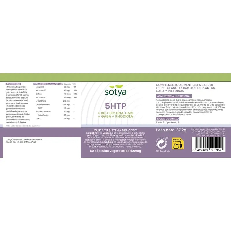 Sotya 5HTP+B6+Biotin+Mg+Gaba+Rhodiola 620mg, 60 Veggie-Kapseln