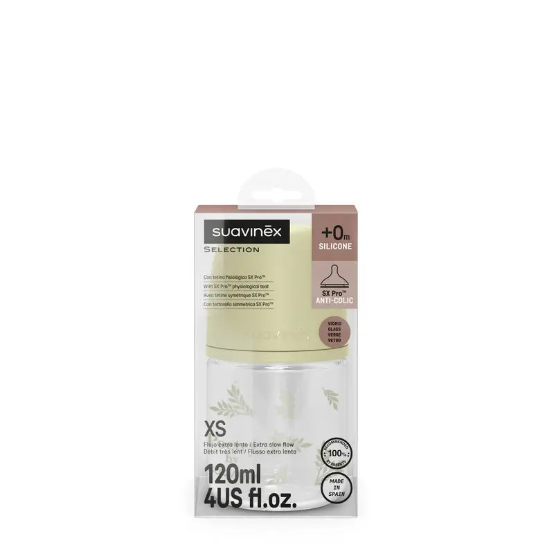 Suavinex Glasflasche 120 ml, Slow Flow (S), +0 Monate, Poesie Grün