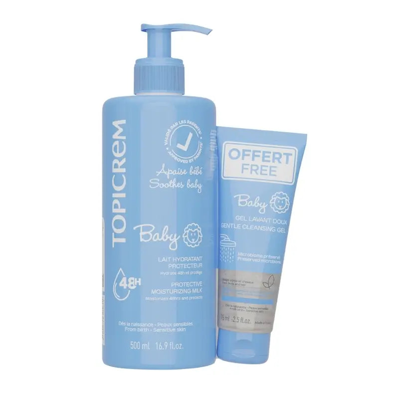 Topicrem Pack Baby-Feuchtigkeitsmilch 500 ml + Baby-Reinigungsgel 75 ml Gratis-Geschenk