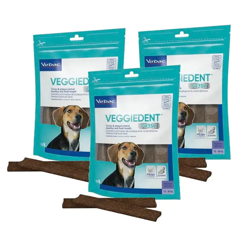 Virbac Veggiedent Fr3sh M, Zahnpflege-Snacks für Hunde mittlerer Rassen, 3er-Pack