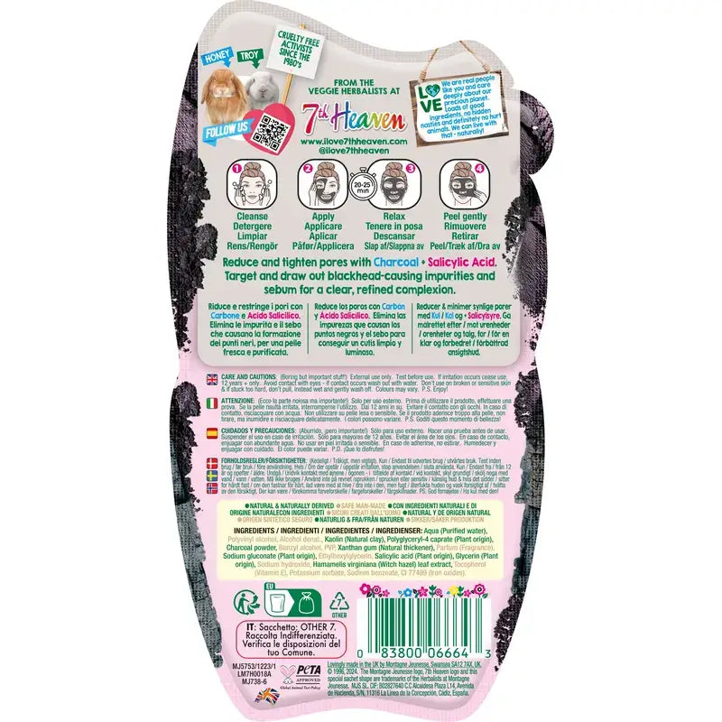 7 Heaven Peel-Off Charcoal Mask mit Salicylsäure verfeinert die Poren, 10 ml