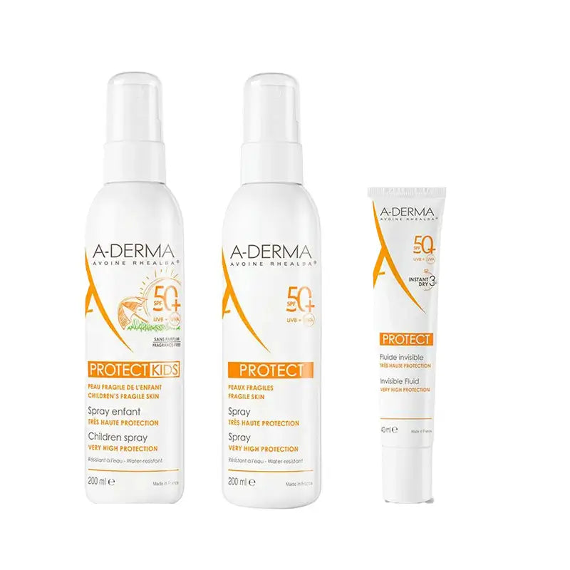 A-Derma Invisible Sun Fluid Spf50+ 40 ml + Sonnenspray Spf50+ 200 ml + Sonnenspray für Kinder Spf50+ 200 ml