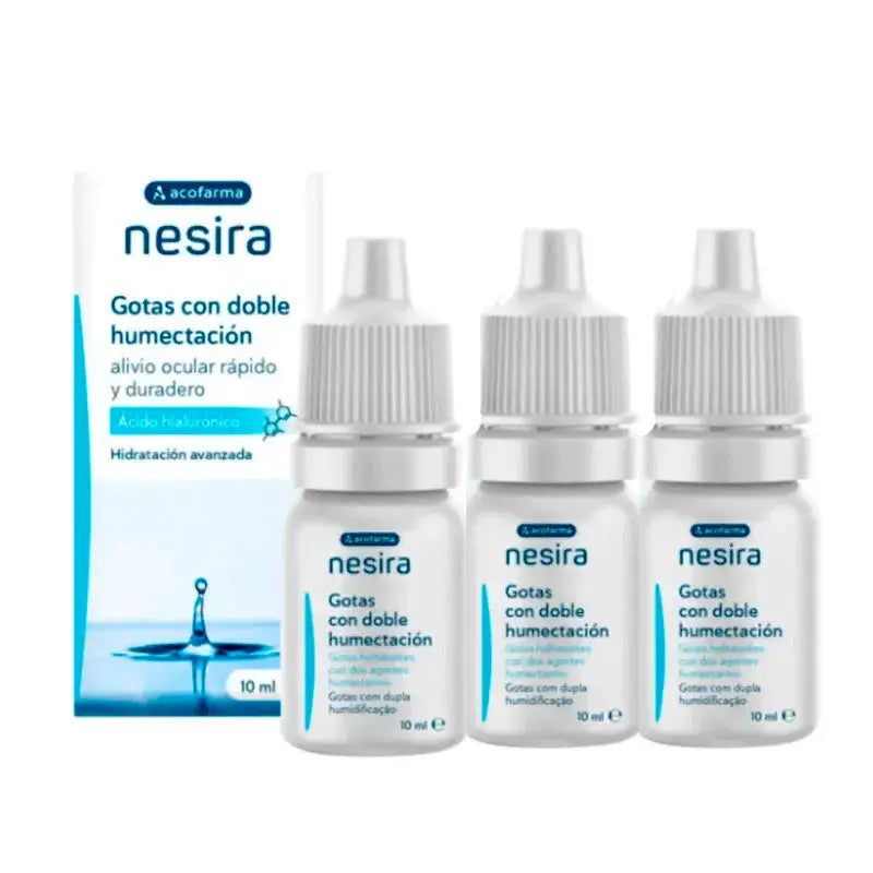 Acofar Nesira Doppel-Feuchtigkeitstropfen mit Hyaluronsäure. Hyaluronsäure, Packung 3 x 10 ml