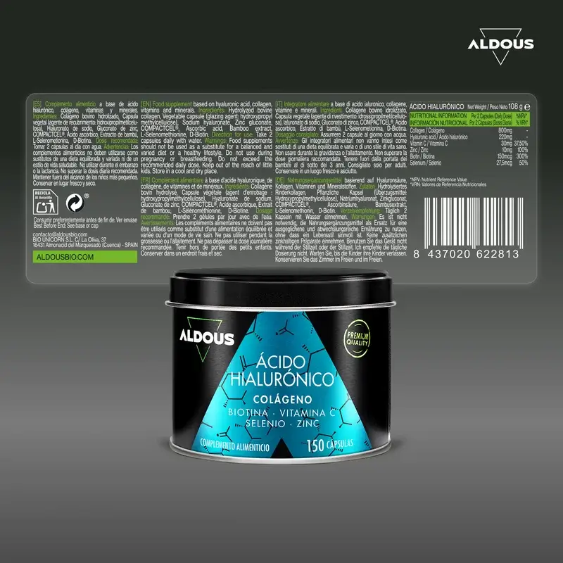 Aldous Bio Hyaluronsäure mit Kollagen, Vitaminen und Mineralien, 120 Kapseln