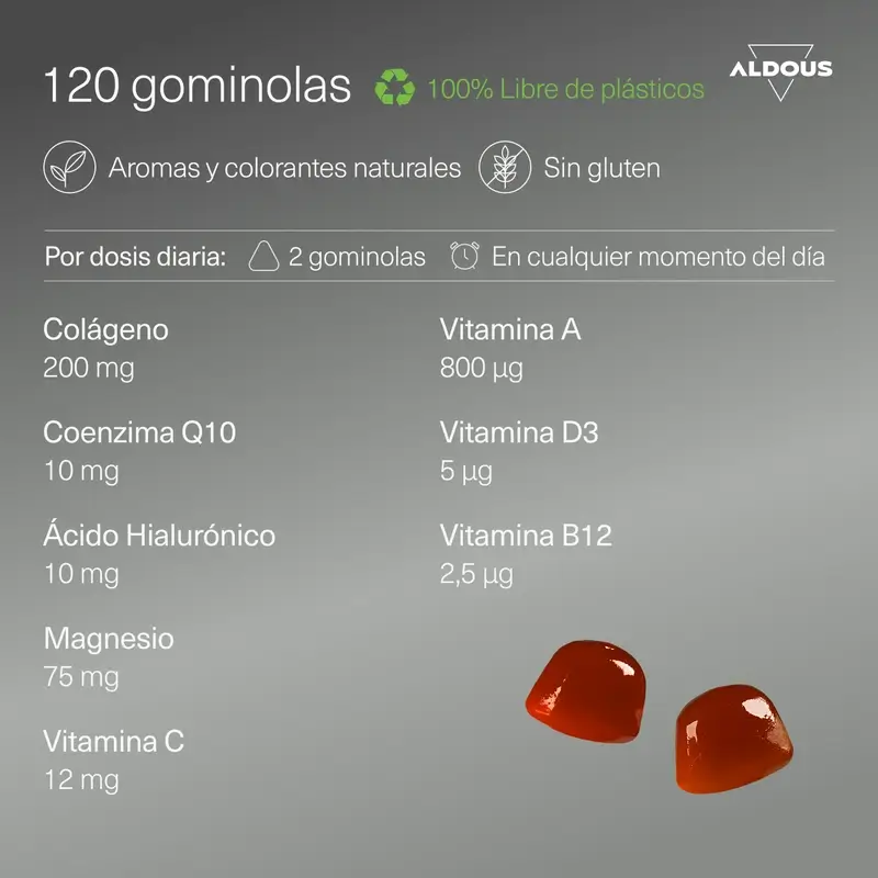 Aldous Bio Hydrolysiertes Kollagen mit Hyaluronsäure, Coenzym Q10, Zink und Vitaminen, 120 Gummibärchen