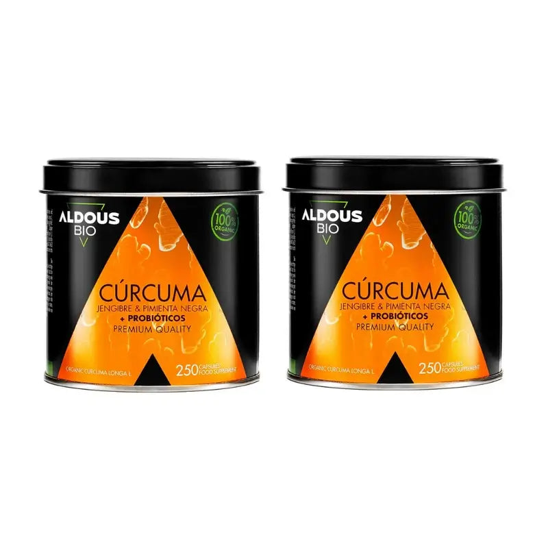 Aldous Bio Kurkuma mit Ingwer und schwarzem Pfeffer mit Probiotika, 2X250 Kapseln