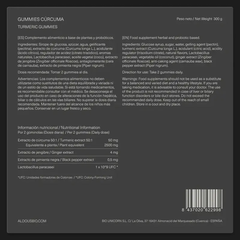 Aldous Bio Kurkuma mit Ingwer & Schwarzem Pfeffer + Probiotika, 120 Gummibärchen