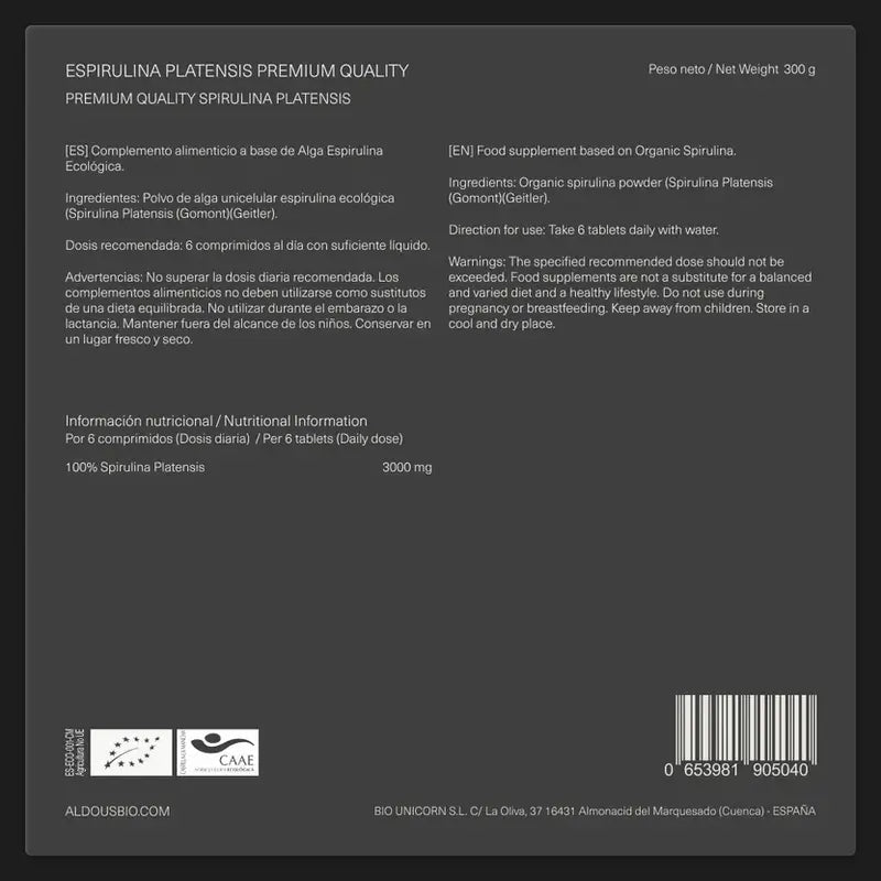 Aldous Bio Spirulina Bio Premium, 600 Einheiten