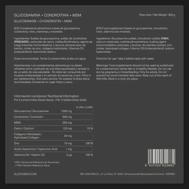 Aldous Bio Glucosamin, Chondroitin, Msm, Kollagen, Hyaluronsäure, Zink, Kalzium und Vitamin D3, 200 Tabletten