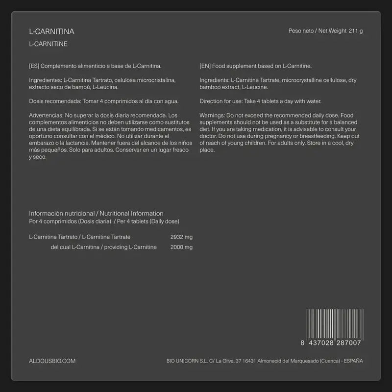 Aldous Bio Bio L Carnitin 2000Mg Pre Workout & Muskel Erholung Ergänzung, 200 Tabletten