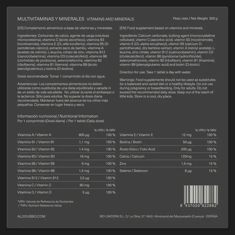 Aldous Bio Multivitamine Vitamin C, D, E, A, B-Vitamine, Biotin, Folsäure, Calcium, Zink, Selen, 500 Tabletten