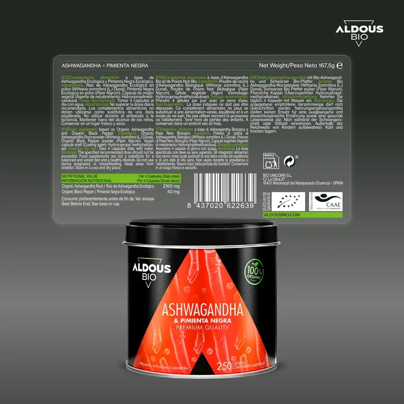 Aldous Bio Ashwagandha-Wurzel mit schwarzem Pfeffer, 250 Kapseln