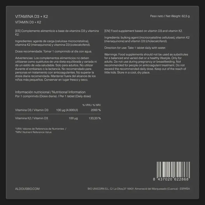 Aldous Bio Vitamin D3 + K2, 250 Tabletten