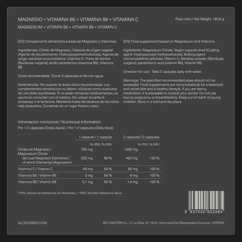 Aldous Labs Nahrungsergänzungsmittel Magnesium mit Vitamin C, B5 und B6, 200 Kapseln