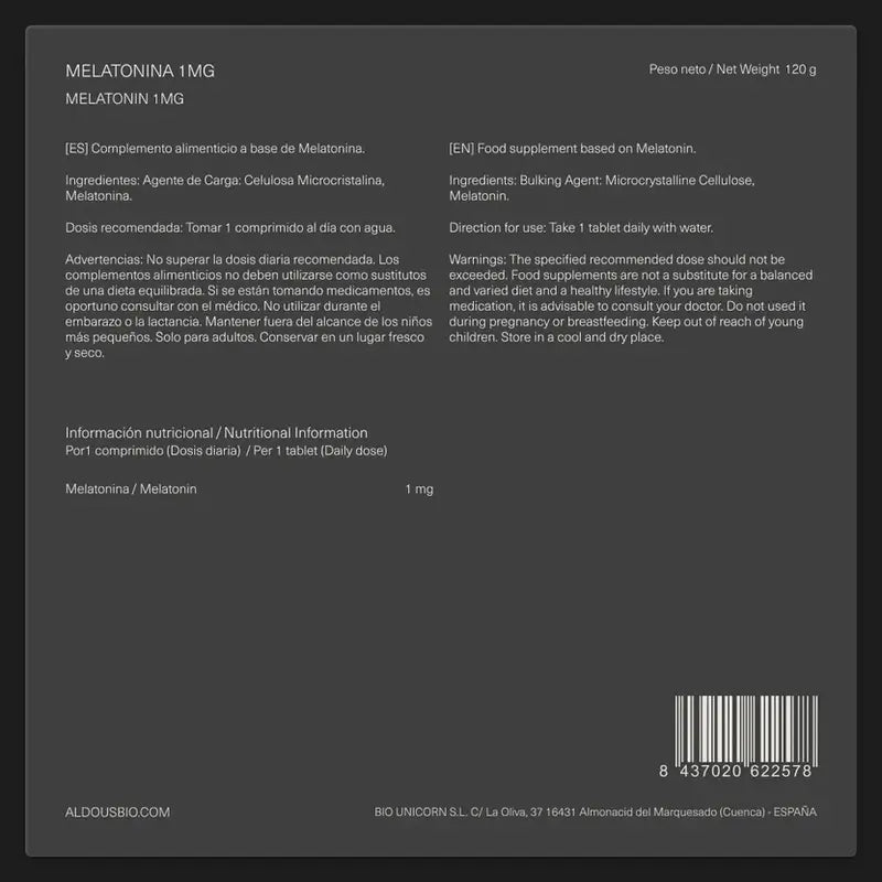 Aldous Labs Nahrungsergänzungsmittel Reines Melatonin 1 Mg, 500 Tabletten