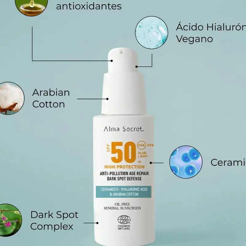 Alma Secret Solar Facial Natural Sunscreen Spf 50 mit Ceramiden, Anti-Blemish und Oil-Free