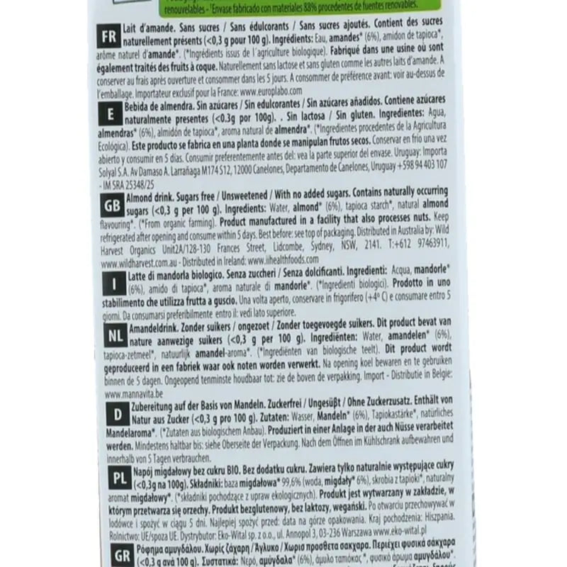 Mandel Ecomil Mandel Drink Natur 1Lt 6Uds Bio S/A
