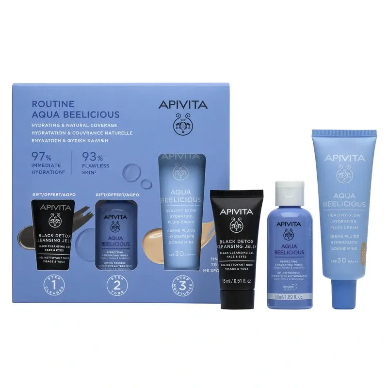 Apivita Aqua Beelicious Brightening Hydrating Fluid Cream Spf30 Colour + Black Detox 15Ml + Perfecting Tonic 50Ml