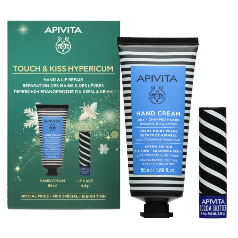 Apivita Set: Johanniskraut-Handcreme + Lippenbalsam mit Kakaobutter, 50 + 4,4 ml