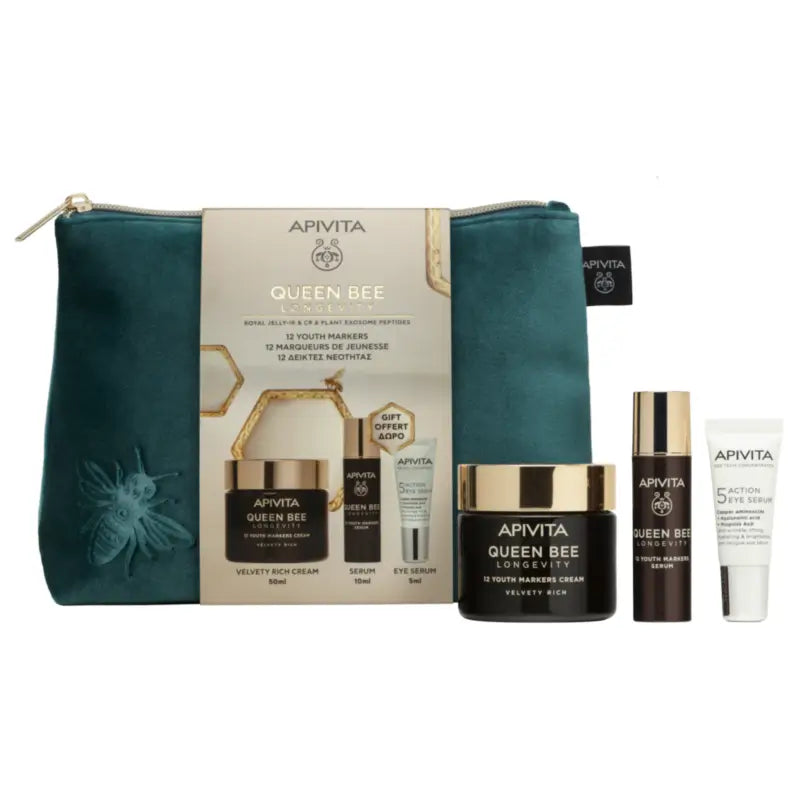 Apivita „Queen Bee Longevity“-Set: Reichhaltige Tagescreme + Geschenke, 50 + 10 + 5 ml