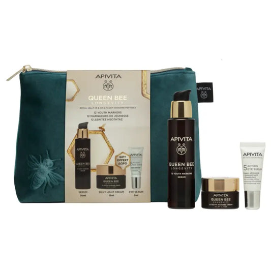 Apivita „Queen Bee Longevity“-Set: Serum-Pflegeprogramm + Geschenke, 30 + 10 + 5 ml