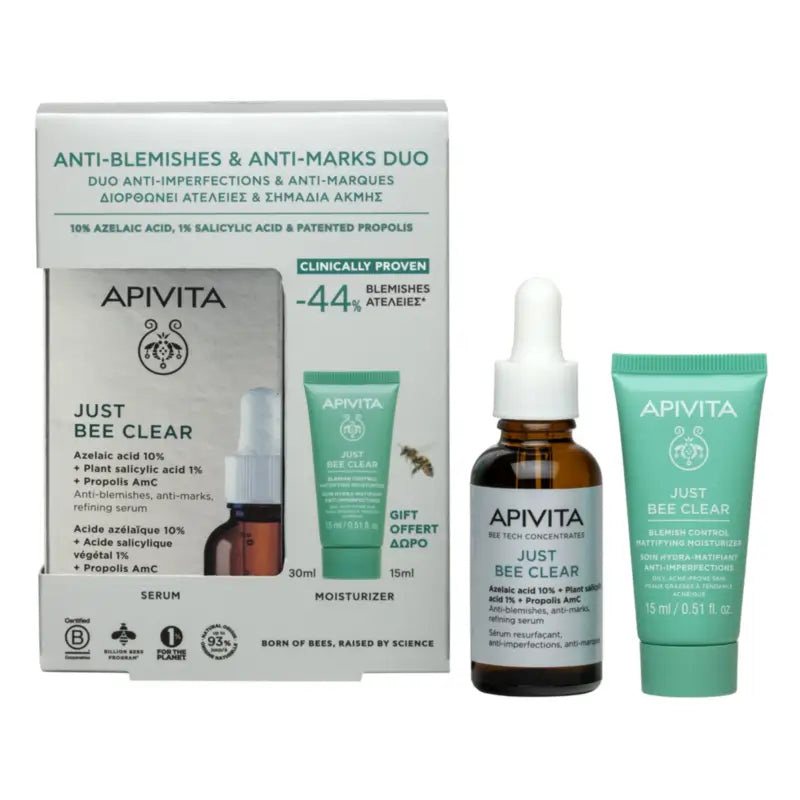 Apivita Just Bee Clear Serum 30 ml + mattierende, feuchtigkeitsspendende Creme gegen Hautunreinheiten 15 ml