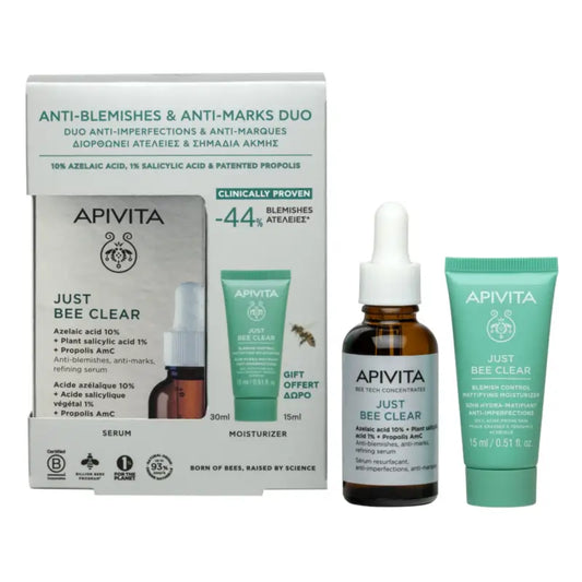 Apivita Just Bee Clear Serum 30 ml + mattierende, feuchtigkeitsspendende Creme gegen Hautunreinheiten 15 ml