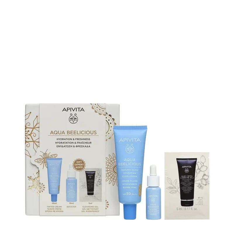 Apivita Promo Aqua Beelicious Illuminating Moisturising Fluid Cream Spf 30 With Colour, 40 Ml + Free Serum 10Ml + Black Detox 5Ml