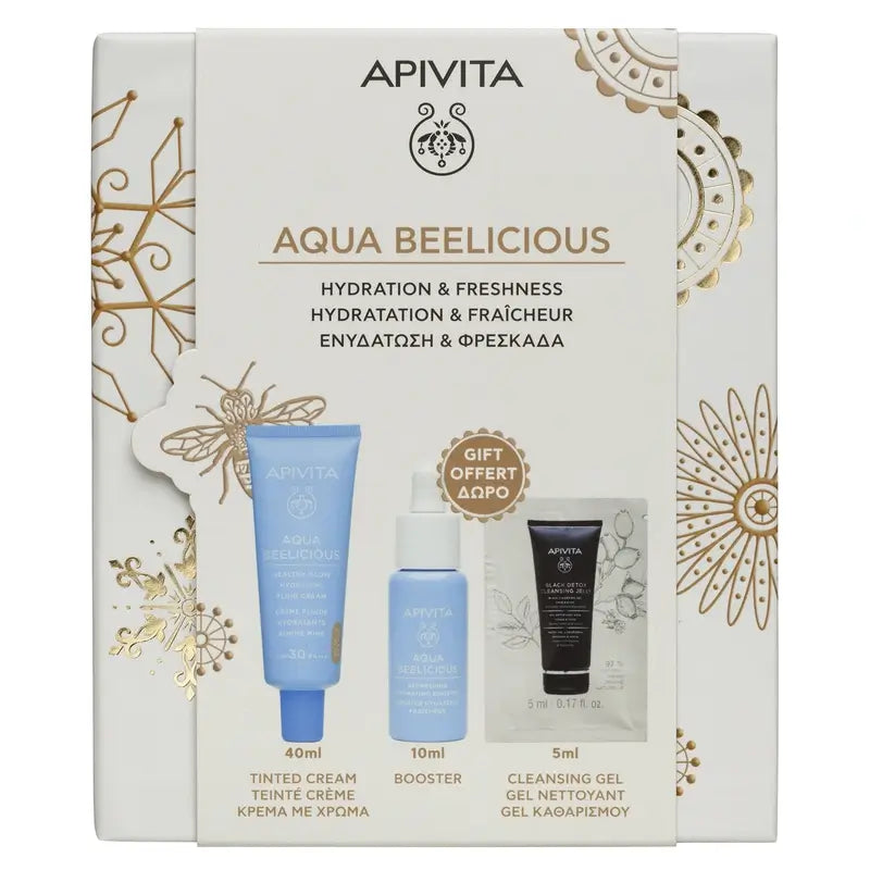 Apivita Promo Aqua Beelicious Illuminating Moisturising Fluid Cream Spf 30 With Colour, 40 Ml + Free Serum 10Ml + Black Detox 5Ml